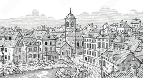 Vintage European Townscape Sketch with Church Tower and Cobblestone Streets