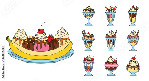 Banana Split and Ice Cream Sundaes Collection, Dessert Variety Vector Illustration