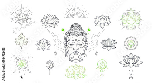 Buddha Face with Lotus Flowers, Spiritual and Zen Elements Collection