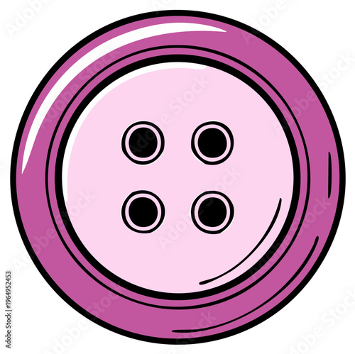 Pink sewing button with four black holes for thread attachment close up