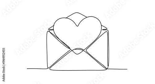 Continuous line drawing of an open envelope with a heart symbol inside, romantic message concept.