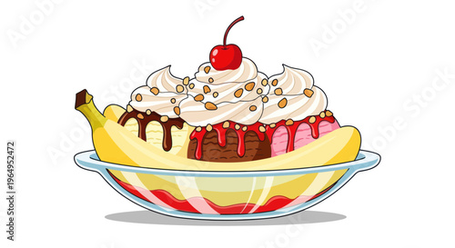 Delicious Banana Split Ice Cream Sundae with Whipped Cream and Cherry