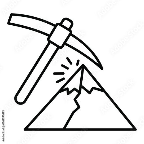Line drawing of pickaxe on mountain with sun rays shining icon