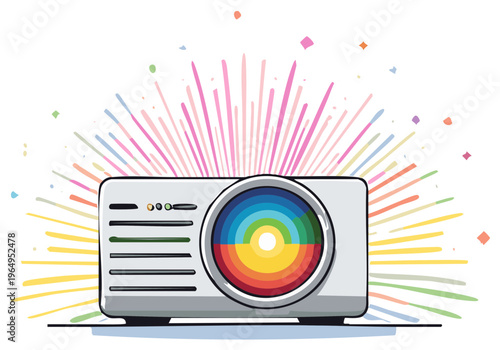 Digital projector displaying colorful light burst and confetti effect