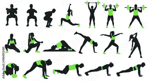 Fitness Silhouette Collection: Diverse Exercises for Health and Wellness