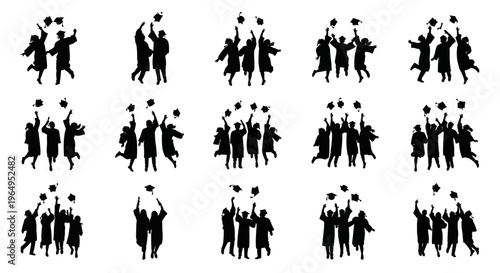 Graduation Silhouette Icons: Happy Students Celebrating Success with Caps Tossed