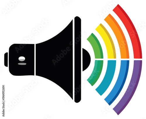 Megaphone icon with rainbow sound waves broadcasting a message of diversity and inclusion