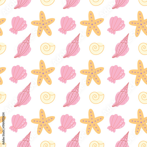 Sea Shell and Starfish Seamless Pattern Cute Pastel Vector Illustration Marine Life Surface Design for Baby Textile and Nursery Wallpaper