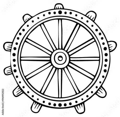 Simple Line Art Illustration of a Ship Wheel, Mariner's Control, Decorative Sea Nautical Element