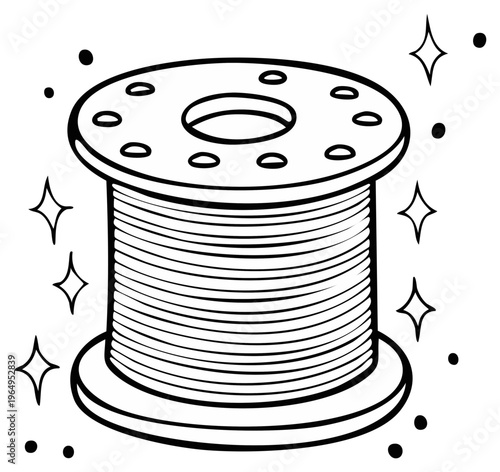 Illustration of a spool of thread with sparkles and decorative design