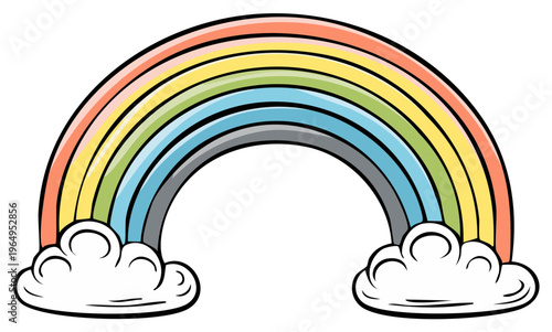 Vibrant cartoon rainbow arching over fluffy clouds with colorful bands of light