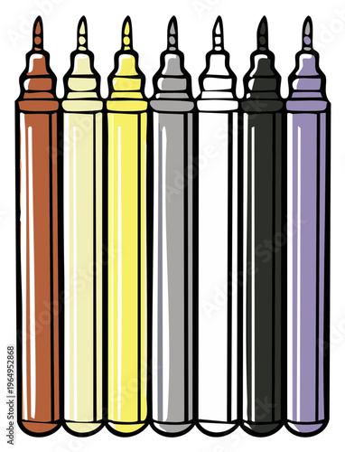 A Row of Colorful Marker Pens Featuring Brown, Yellow, Gray, Black, and Purple Hues