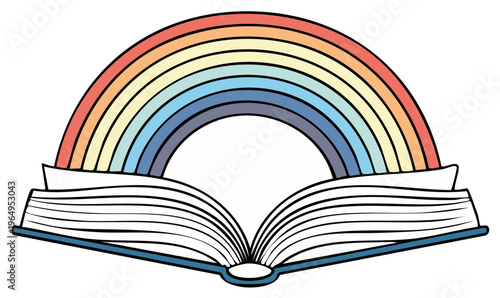 Open Book with Rainbow Colored Arches Symbolizing Knowledge and Imagination