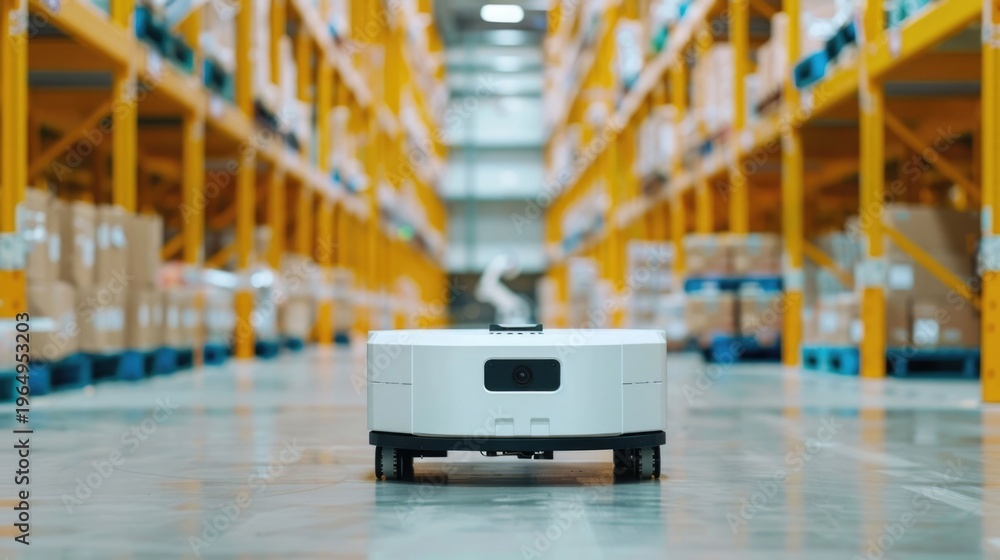 Obraz premium An autonomous robotic device with onboard sensors and moves through a vast organized warehouse featuring tall yellow shelving highlighting automated ope ns and logistics efficiency