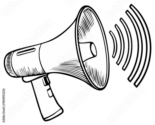 Hand drawn megaphone with sound waves broadcasting loud announcement communication