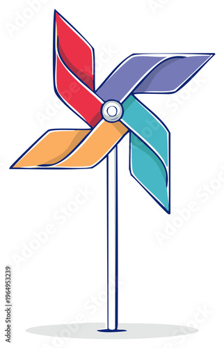 Stylized Pinwheel with Four Colorful Blades on a Stick Rotating with the Wind