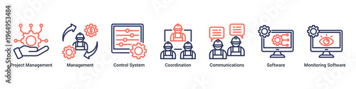 Management System web banner icon vector illustration with icons of Project Management,Management,Control System,Coordination,Communications,Software and Monitoring Software