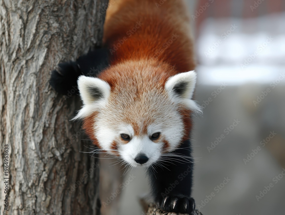 Obraz premium Red Panda's Descent: An adorable red panda, its vibrant reddish-brown fur and captivating eyes, gracefully descends a tree, a perfect moment captured in a stunning photorealistic image.