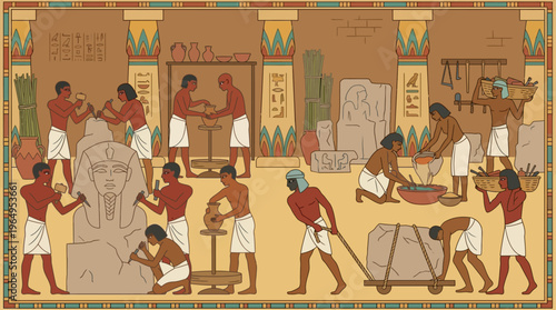 Ancient Egyptian Artisans Workshop Vector Illustration Traditional Craftsmen Scene Historical Drawing