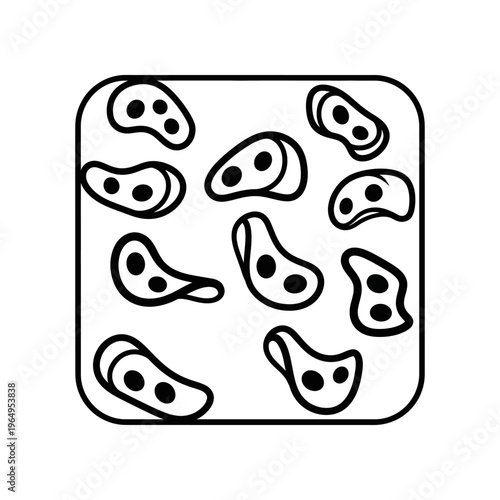 A black and white drawing of several amoebas