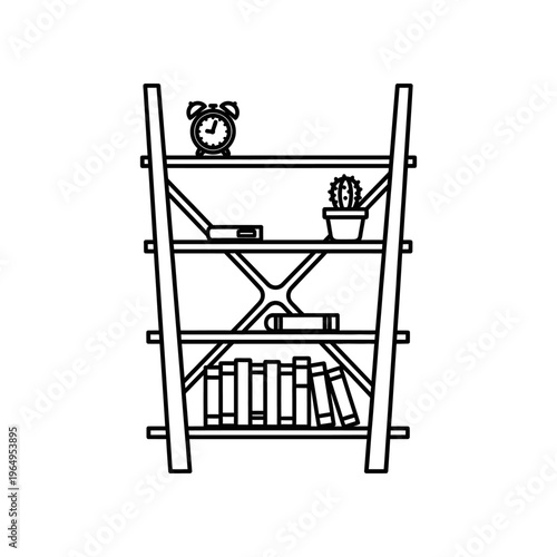 A bookshelf with books, an alarm clock, and a potted plant