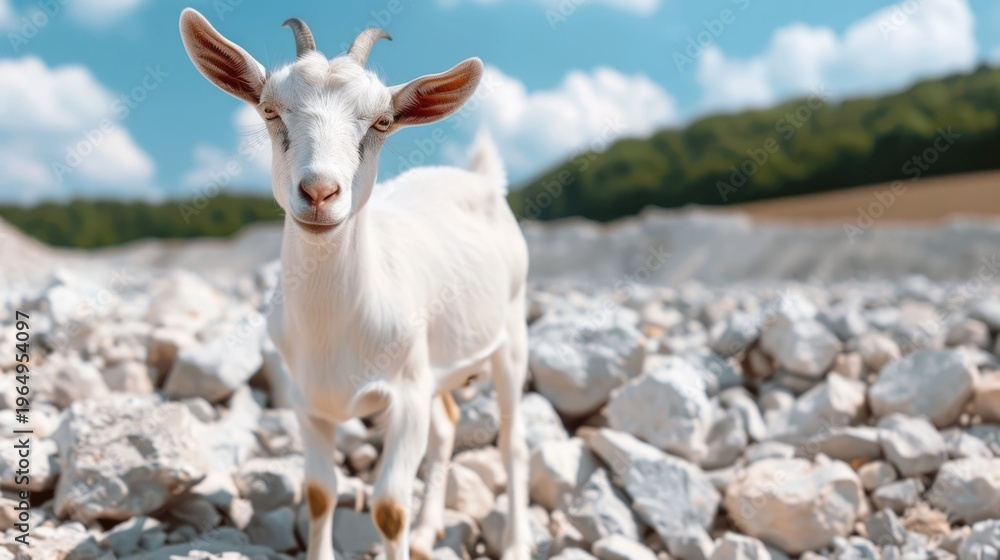 Fototapeta premium Close up portrait of a young white goat with short horns looking directly at the while standing on a sunlit arid terrain with scattered stones and distant green hills