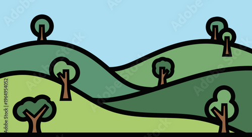 Trees on green rolling hills landscape.