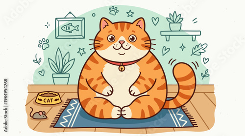 Funny Fat Cat Vector Illustration Cute Kitten Doodle Style Pet Sketch Graphic