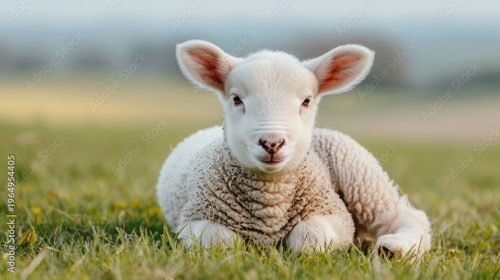 Obraz premium Close up view of an adorable fluffy white lamb lying down on vibrant green grass in a serene natural landscape bathed in soft morning light