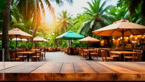 Empty Wooden Table Top With Blurred Green Palm Trees And Tropical Jungle In Background For Product Display And Montage, created with generative ai