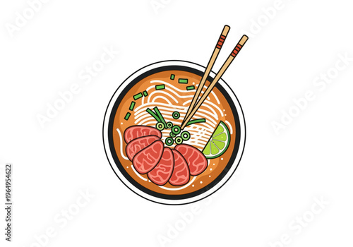 A bowl of ramen with noodles meat slices green onions lime and chopsticks