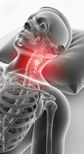 Medical illustration of human neck and shoulder anatomy with pain highlighted