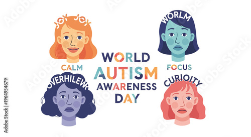 Illustration of four diverse cartoon women representing emotions for World Autism Awareness Day with colorful vector design elements.