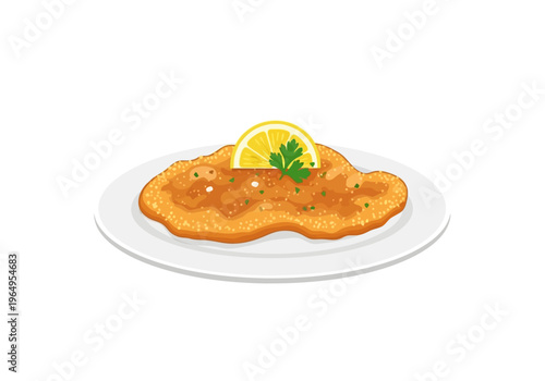 A breaded meat cutlet topped with a lemon slice and parsley on a white plate