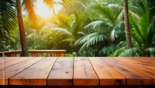 Empty Wooden Table Top With Blurred Green Palm Trees And Tropical Jungle In Background For Product Display And Montage, created with generative ai