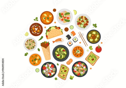 A circular arrangement of various dishes including sushi soup salads and tacos on a white background