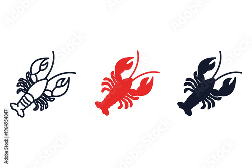 Lobster Icon Set with Outlined and Silhouette Designs