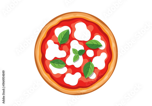A circular cartoon pizza topped with white cheese and green basil leaves against a white backdrop