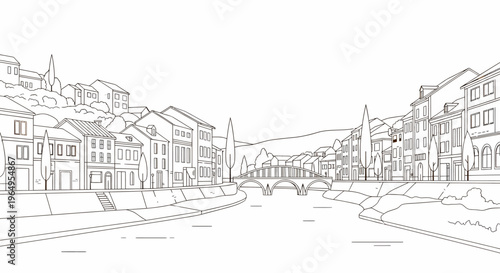 Cityscape with buildings and bridge.