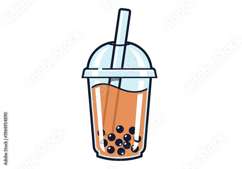 A clear plastic cup with a dome lid containing an orange liquid and black spheres with a straw