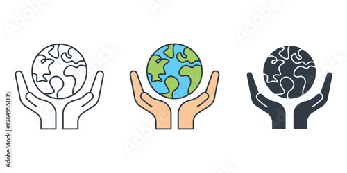 Set of Global Environment Protection Icons with Hands Holding Earth Planet