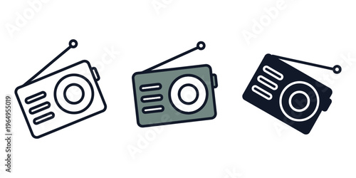 Set of radio receiver icons in line, flat and solid styles