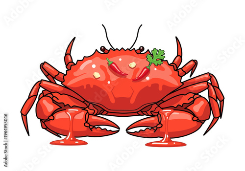 A cooked red crab with chili peppers garnish and sauce dripping from the claws