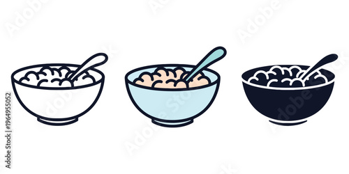Set of Cereal Bowl Icons in Line, Color, and Silhouette Styles