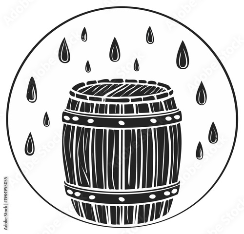 Monochrome Wood Barrel Illustration with Falling Raindrops Simple Design