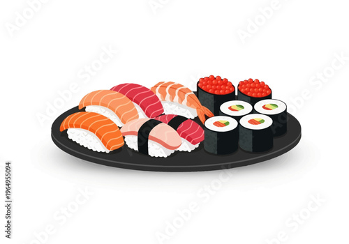 A dark plate holds various sushi including nigiri with salmon tuna shrimp and rolls with caviar and avocado