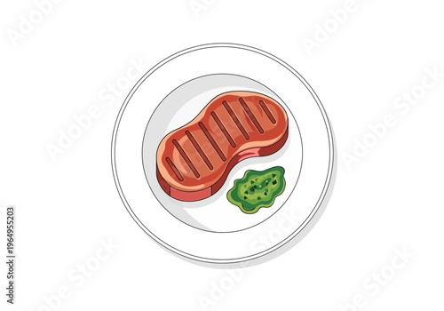A grilled steak with green garnish on a white plate