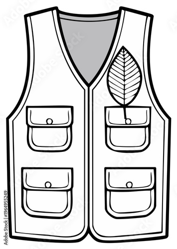 Cartoon vest illustration with pockets and leaf decoration for outdoor activities