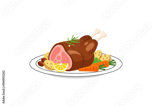 A plate holds a cooked turkey leg with potatoes carrots and a lemon slice