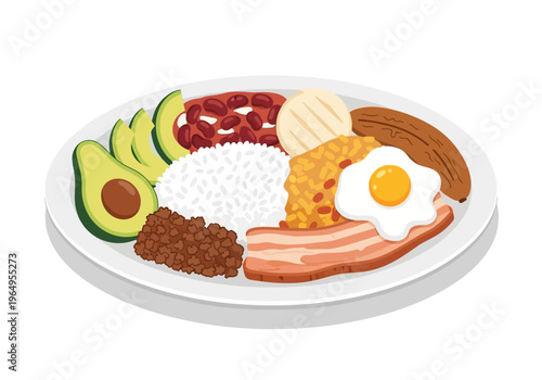 A plate holds food including avocado beans rice meat arepa plantain egg and bacon